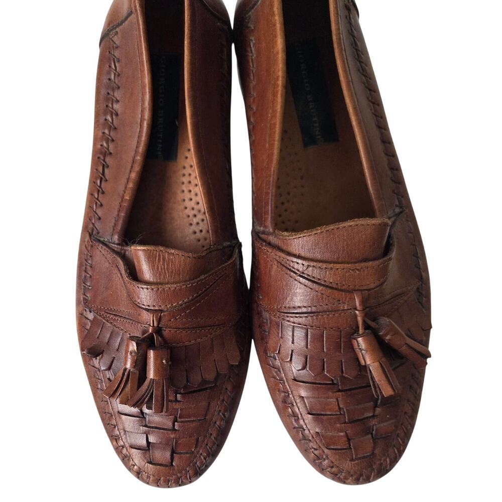 Vintage 90s Giorgio Brutini Brown Braided Woven Leather Tassel Loafers Mens 9.5